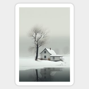 Scandi Winter Cottage with Tree Minimalist Art Print Sticker